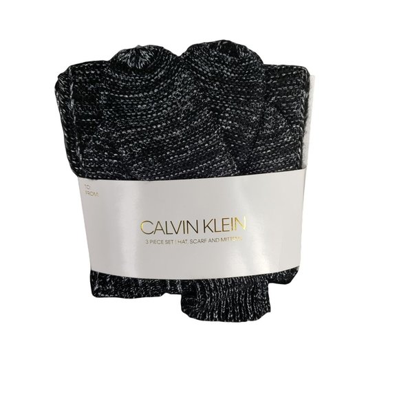 Calvin Klein Women's‎ Black Gray Knit Scarf Hat Gloves Mittens New 3 Piece Set - Picture 1 of 8